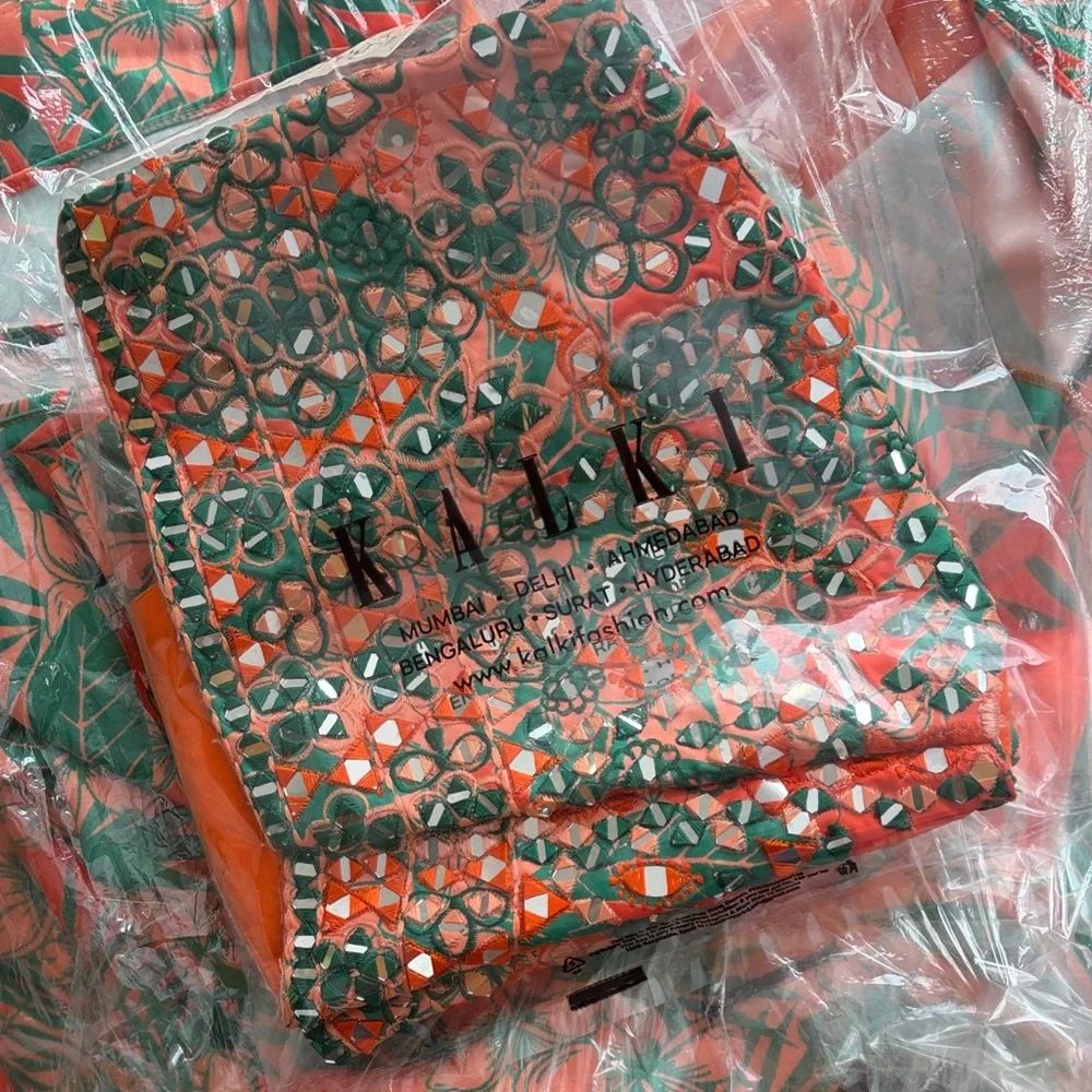 Kalki Orange and Green Embellished Lehenga Set - Picture 10 of 13